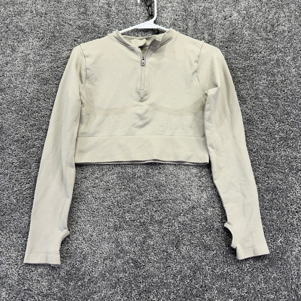 Work Out Quarter Zip Pullover Womens S Beige Seamless Crop Top